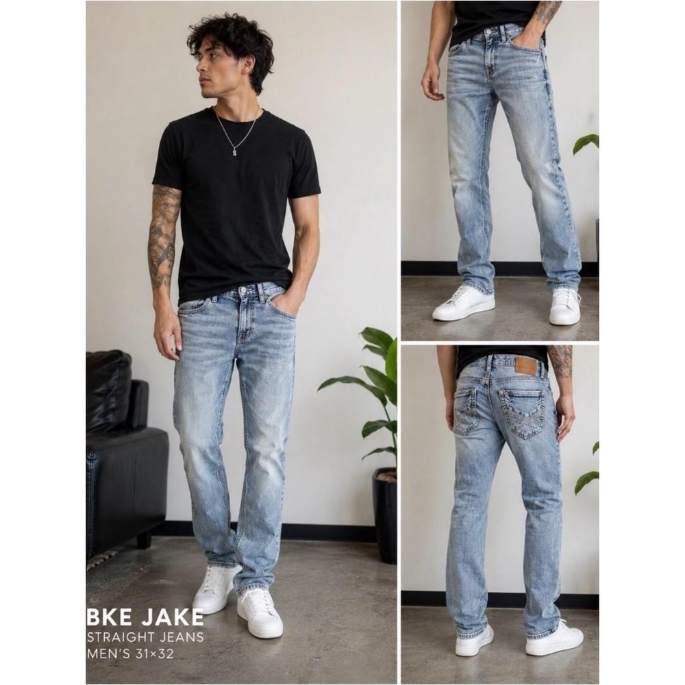 BKE Jake straight jeans mens 31 x 32 light wash distressed stretch denim y2k